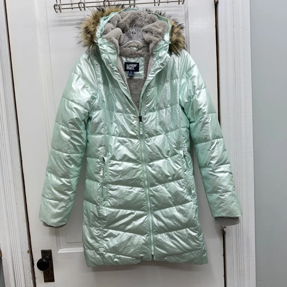 Lands End Girls XL 14 16 Primaloft Iridescent Fur Lined Winter Coat Puffer Green